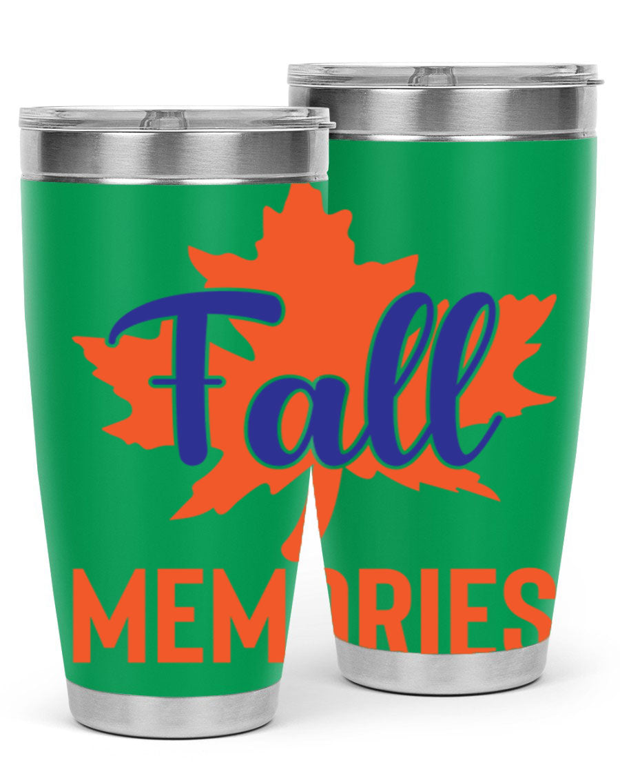 Fall Memories 20oz Tumbler made of stainless steel with a copper lining, featuring a drink-thru lid and vibrant fall-themed design.
