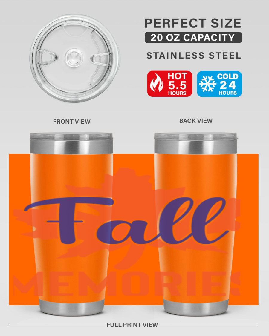 Fall Memories 20oz Tumbler made of stainless steel with a copper lining, featuring a drink-thru lid and vibrant fall-themed design.