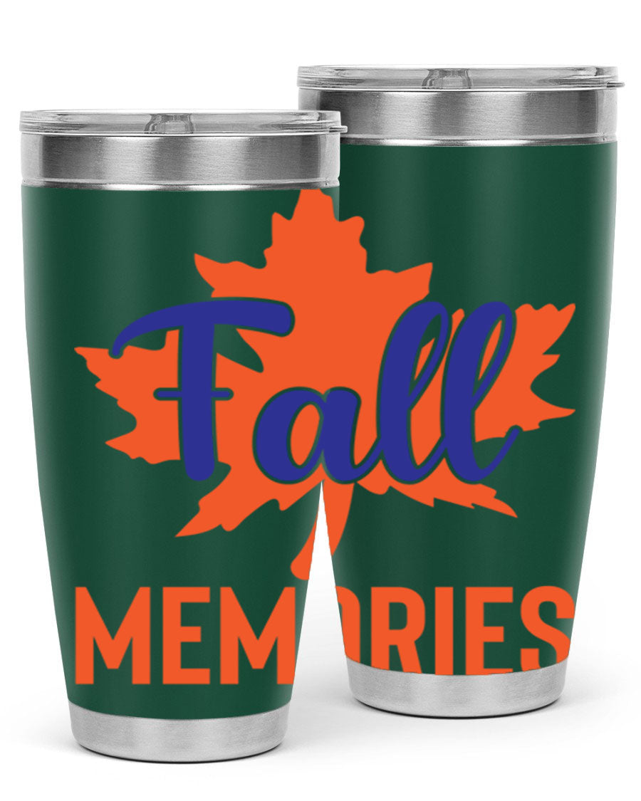 Fall Memories 20oz Tumbler made of stainless steel with a copper lining, featuring a drink-thru lid and vibrant fall-themed design.