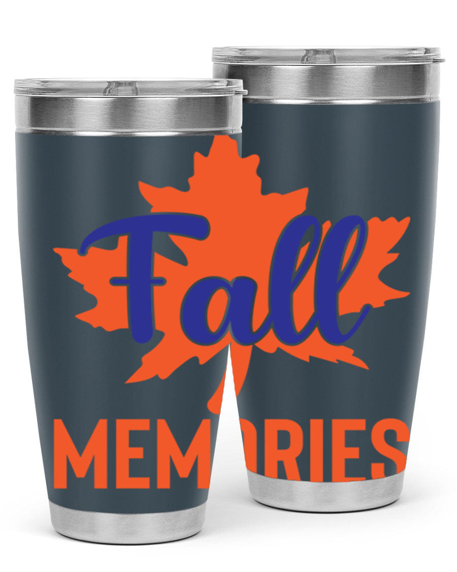 Fall Memories 20oz Tumbler made of stainless steel with a copper lining, featuring a drink-thru lid and vibrant fall-themed design.