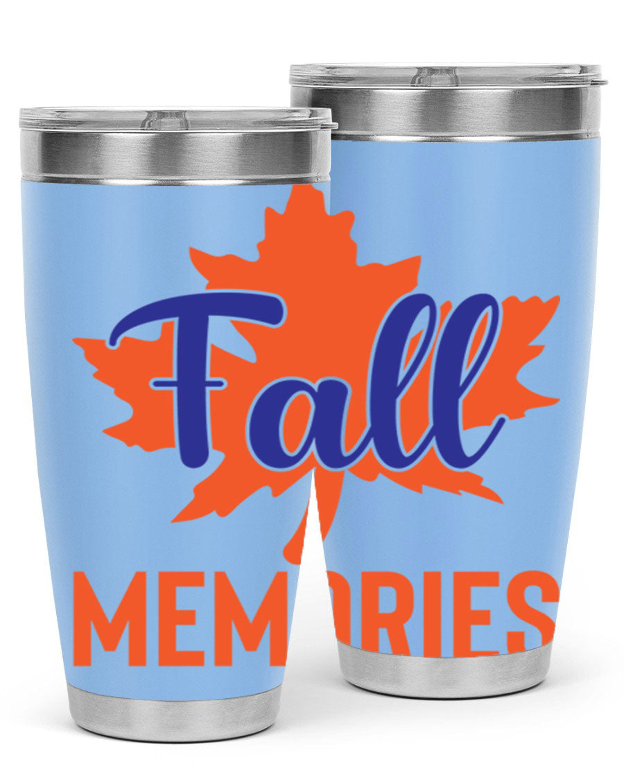 Fall Memories 20oz Tumbler made of stainless steel with a copper lining, featuring a drink-thru lid and vibrant fall-themed design.