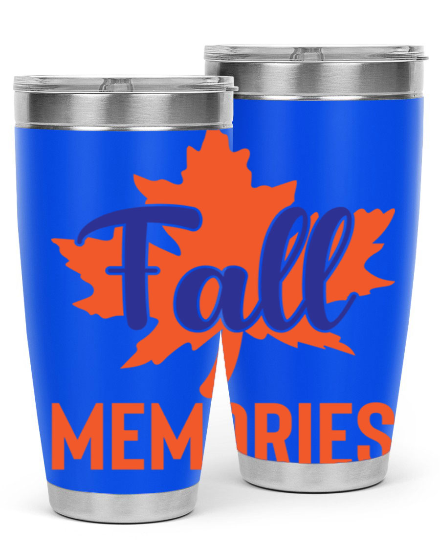 Fall Memories 20oz Tumbler made of stainless steel with a copper lining, featuring a drink-thru lid and vibrant fall-themed design.