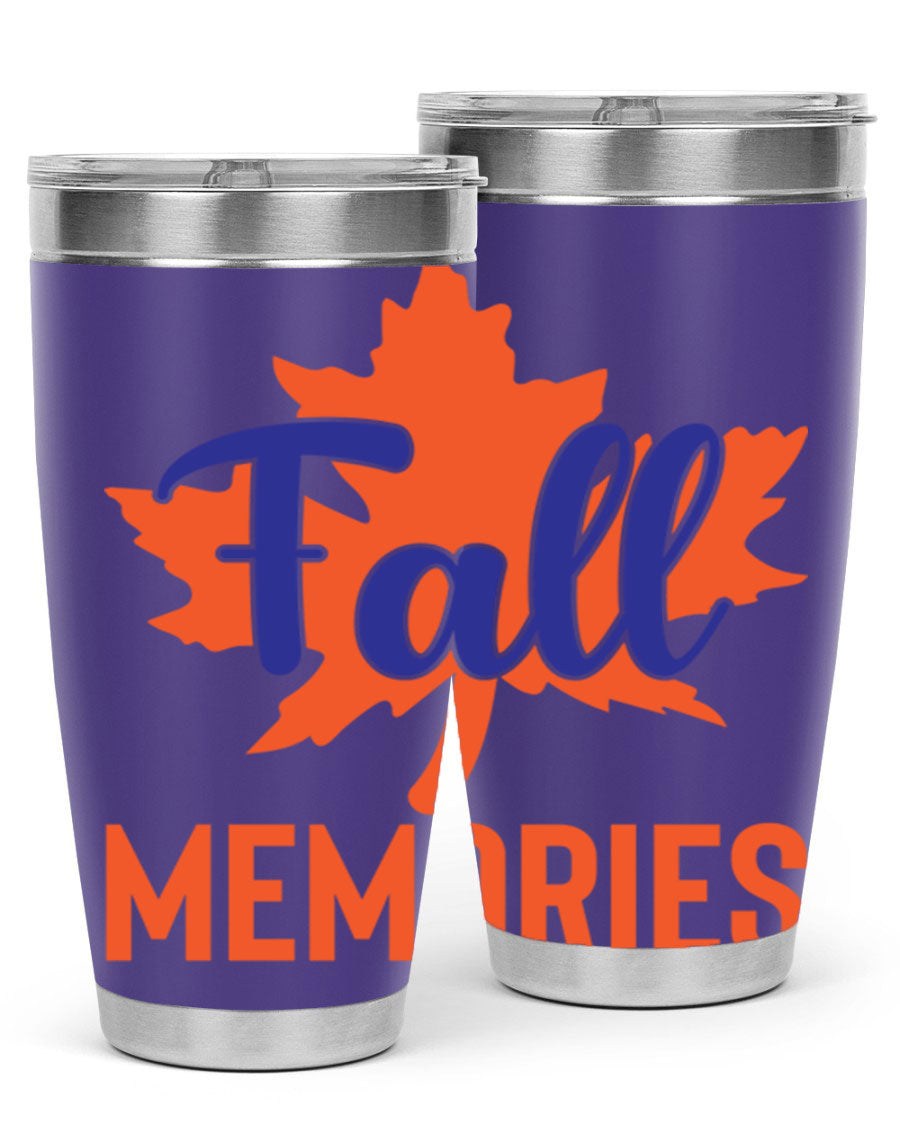 Fall Memories 20oz Tumbler made of stainless steel with a copper lining, featuring a drink-thru lid and vibrant fall-themed design.