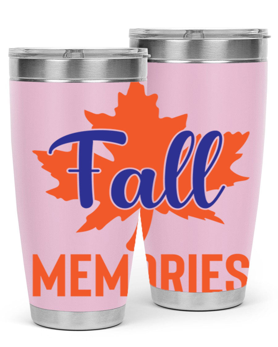 Fall Memories 20oz Tumbler made of stainless steel with a copper lining, featuring a drink-thru lid and vibrant fall-themed design.