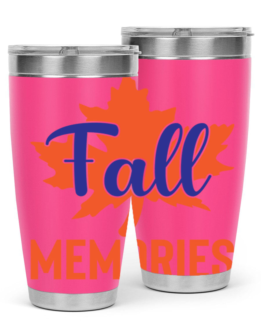 Fall Memories 20oz Tumbler made of stainless steel with a copper lining, featuring a drink-thru lid and vibrant fall-themed design.