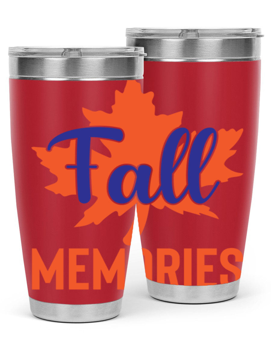 Fall Memories 20oz Tumbler made of stainless steel with a copper lining, featuring a drink-thru lid and vibrant fall-themed design.