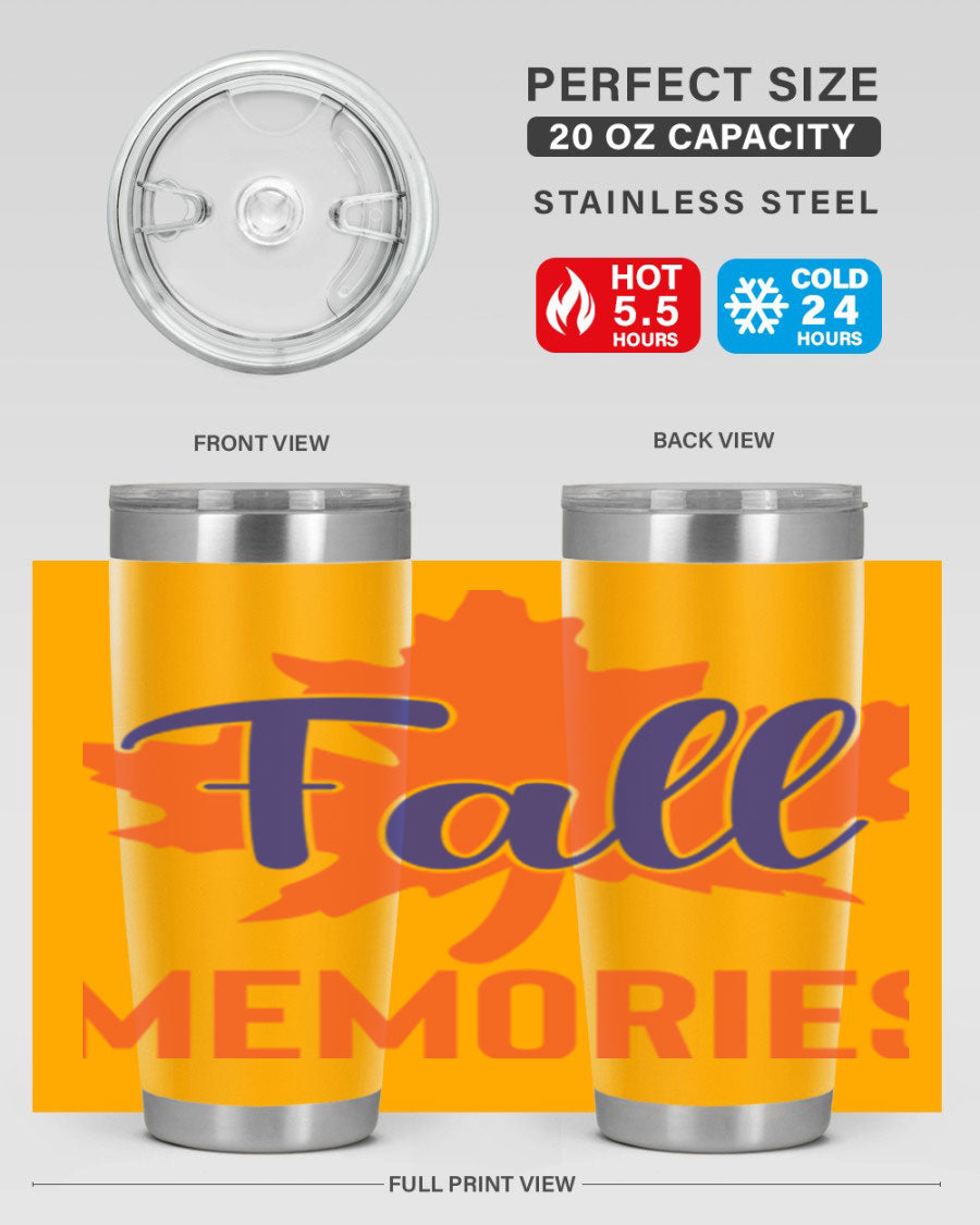 Fall Memories 20oz Tumbler made of stainless steel with a copper lining, featuring a drink-thru lid and vibrant fall-themed design.