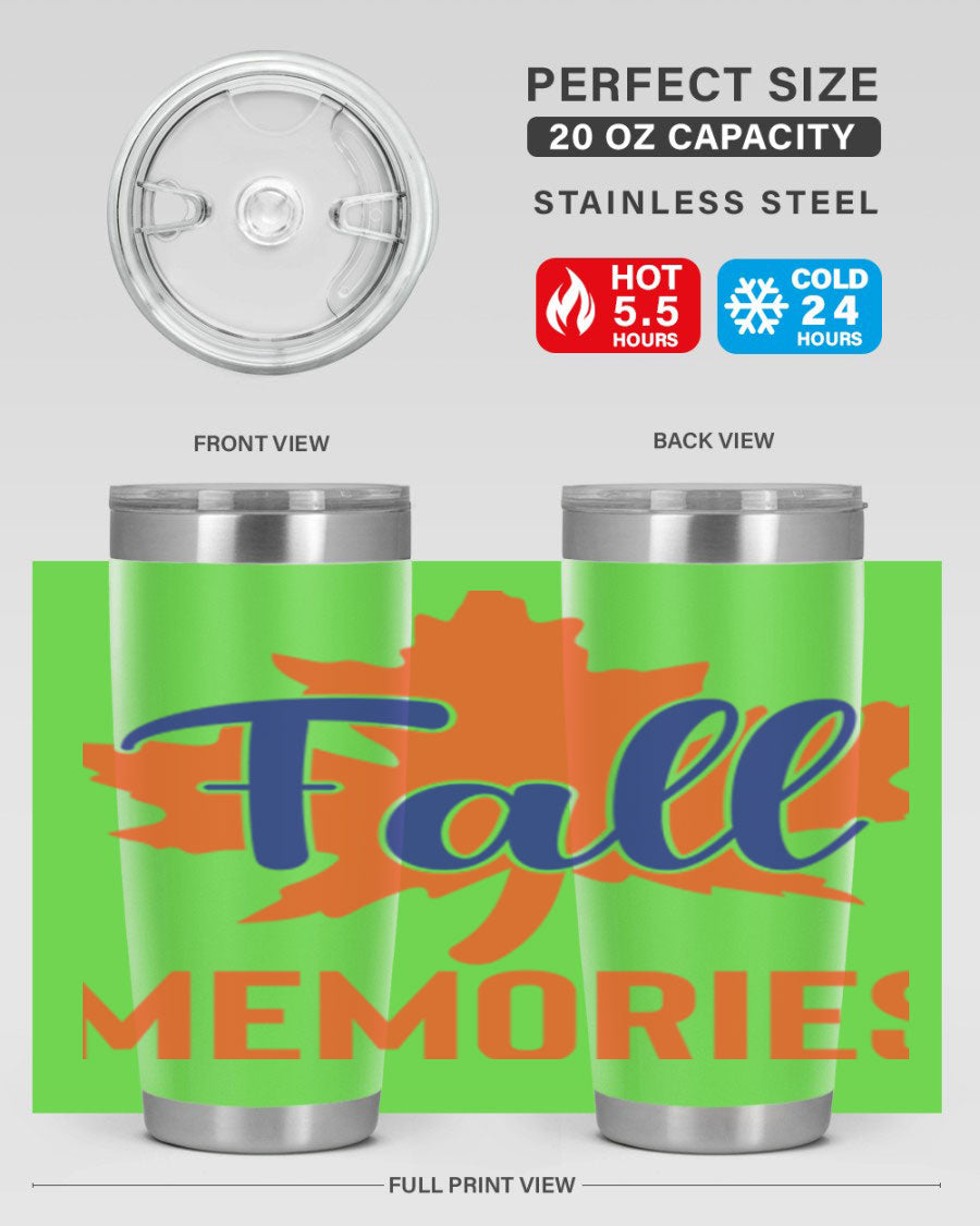 Fall Memories 20oz Tumbler made of stainless steel with a copper lining, featuring a drink-thru lid and vibrant fall-themed design.