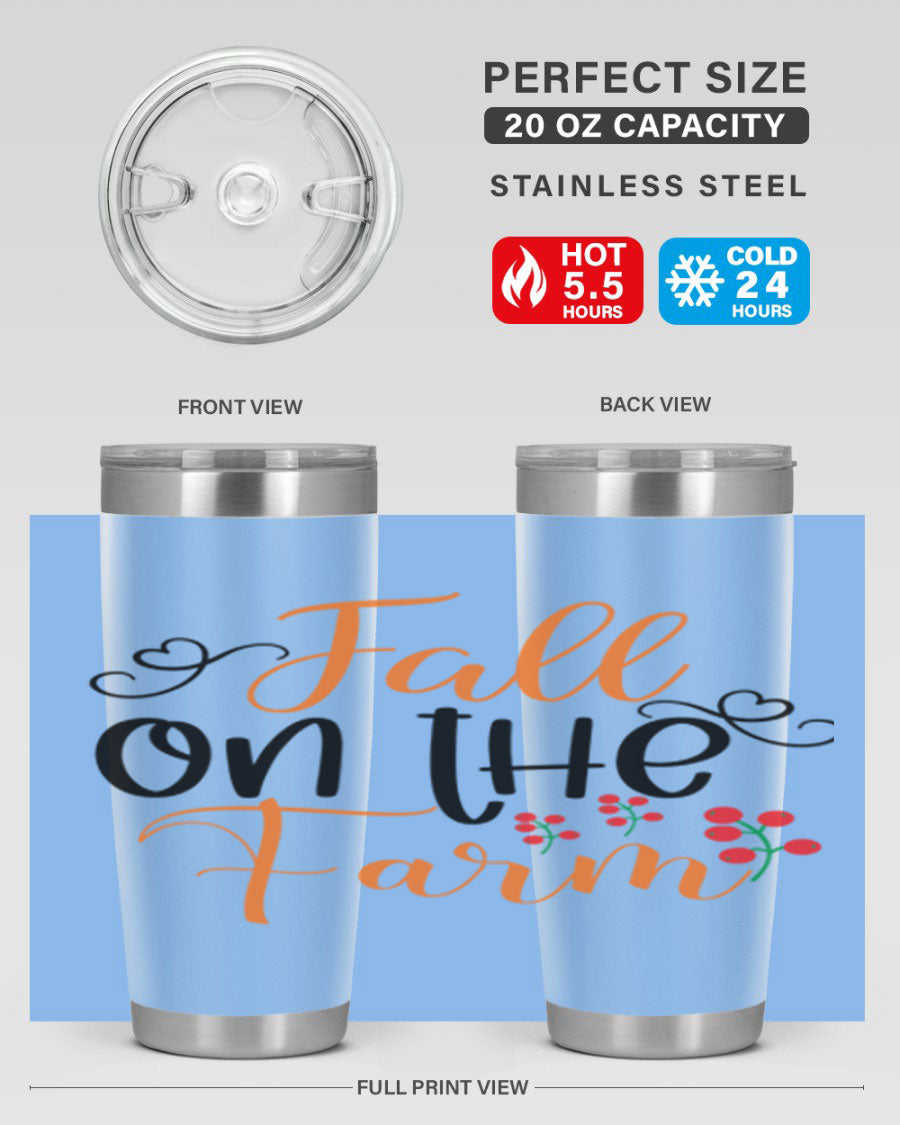Fall On The Farm 125# Tumbler showcasing a vibrant fall-themed design, made of stainless steel with a drink-thru lid.