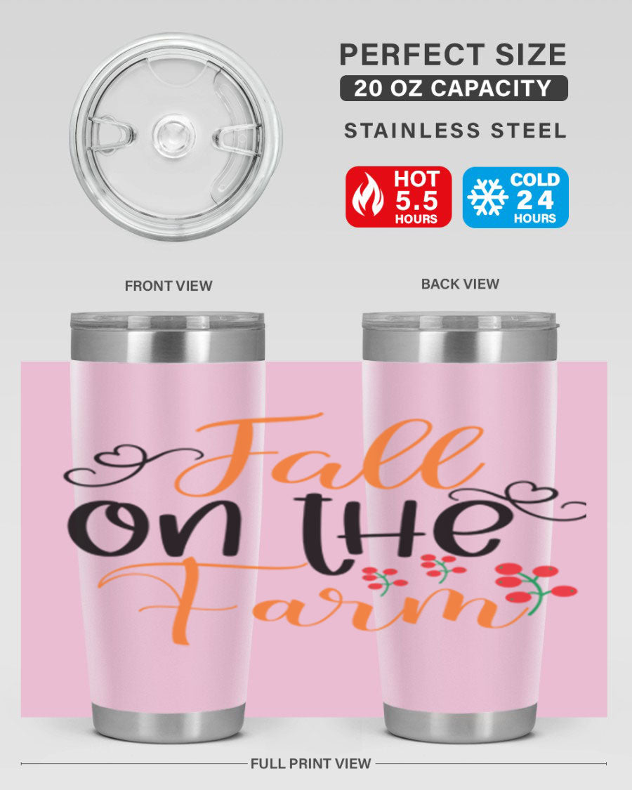 Fall On The Farm 125# Tumbler showcasing a vibrant fall-themed design, made of stainless steel with a drink-thru lid.