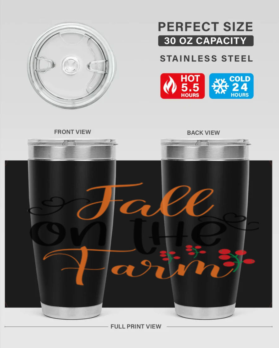 Fall On The Farm 125# Tumbler showcasing a vibrant fall-themed design, made of stainless steel with a drink-thru lid.