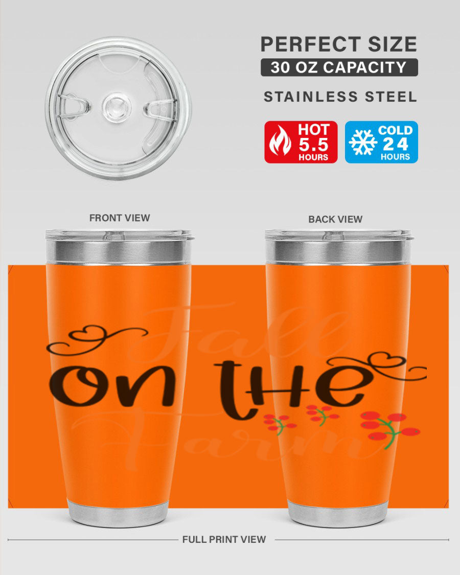 Fall On The Farm 125# Tumbler showcasing a vibrant fall-themed design, made of stainless steel with a drink-thru lid.