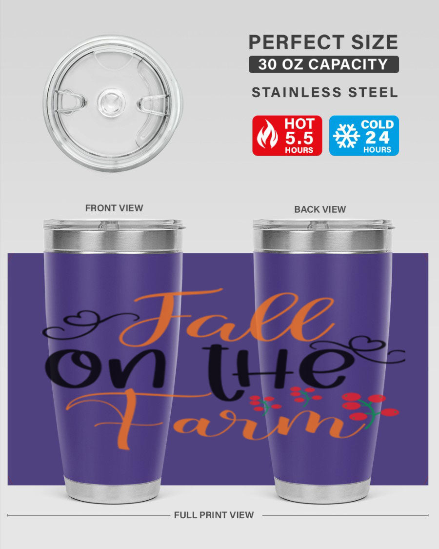 Fall On The Farm 125# Tumbler showcasing a vibrant fall-themed design, made of stainless steel with a drink-thru lid.