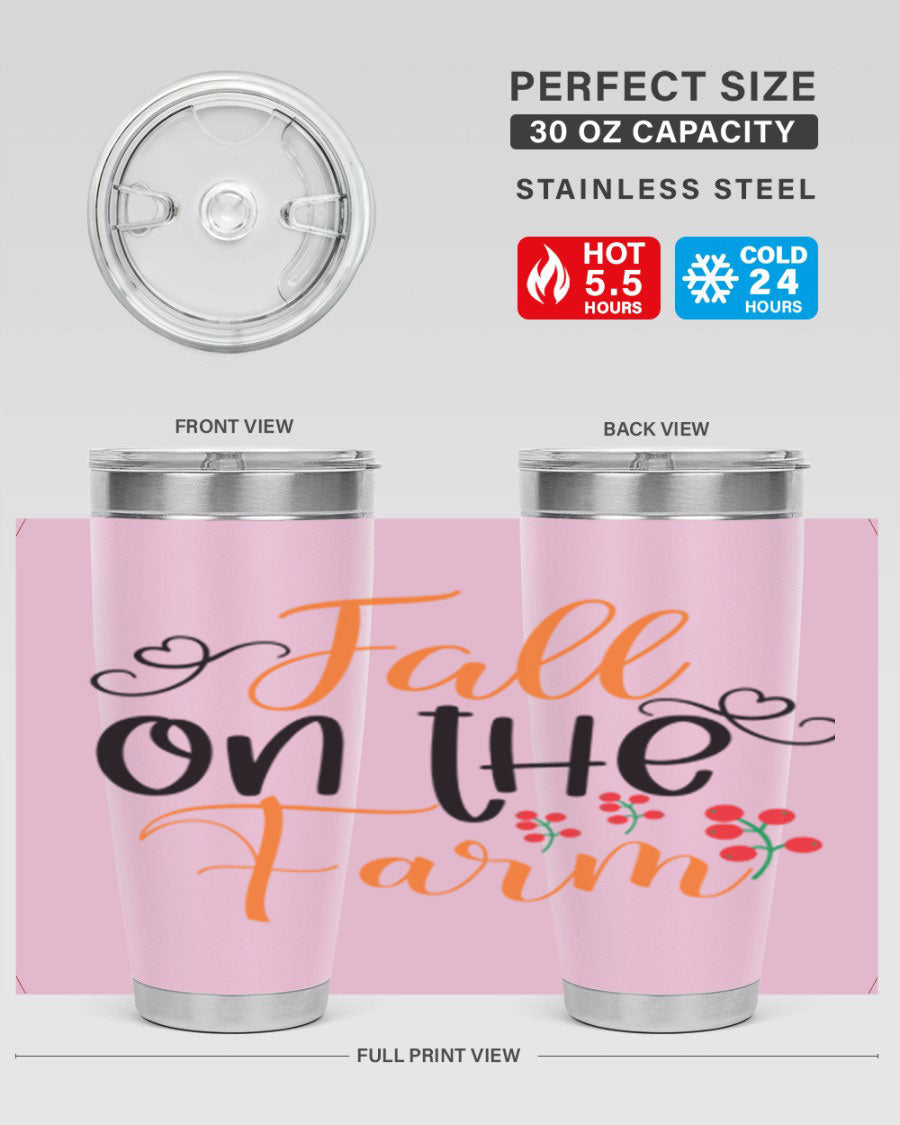 Fall On The Farm 125# Tumbler showcasing a vibrant fall-themed design, made of stainless steel with a drink-thru lid.