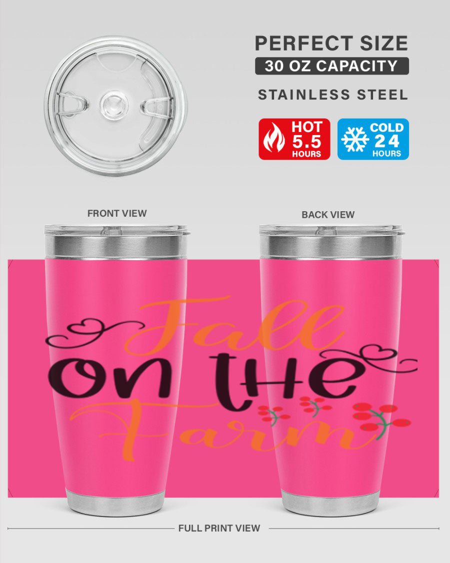 Fall On The Farm 125# Tumbler showcasing a vibrant fall-themed design, made of stainless steel with a drink-thru lid.