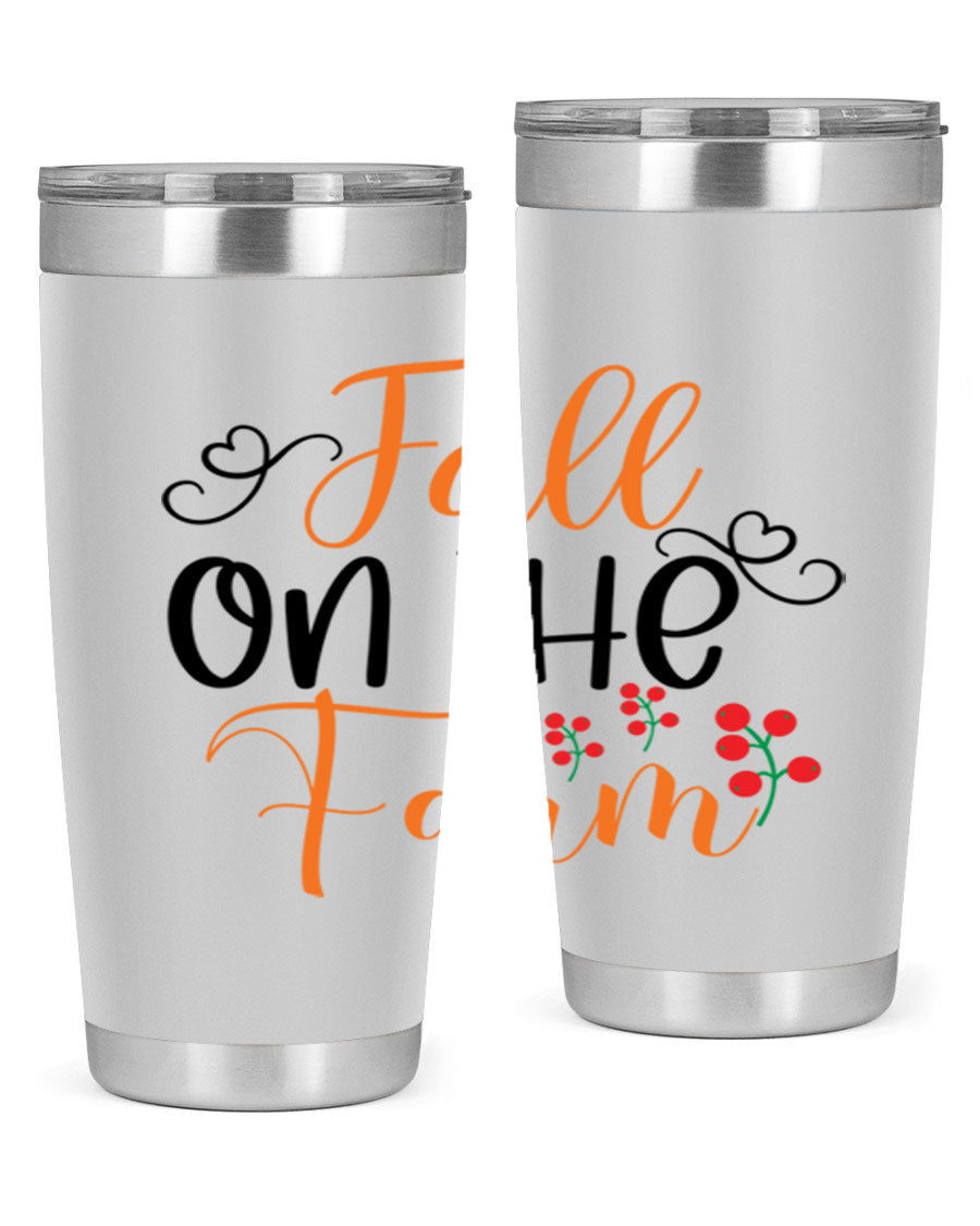 Fall On The Farm 125# Tumbler showcasing a vibrant fall-themed design, made of stainless steel with a drink-thru lid.