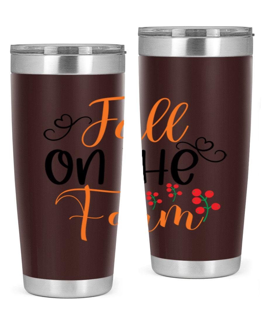 Fall On The Farm 125# Tumbler showcasing a vibrant fall-themed design, made of stainless steel with a drink-thru lid.