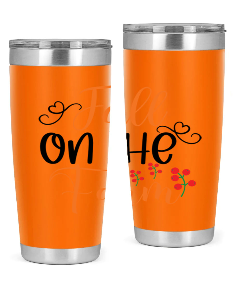 Fall On The Farm 125# Tumbler showcasing a vibrant fall-themed design, made of stainless steel with a drink-thru lid.