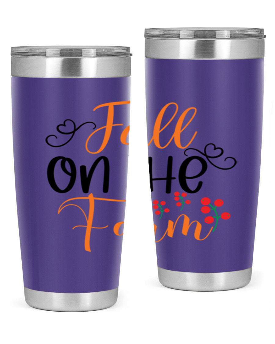 Fall On The Farm 125# Tumbler showcasing a vibrant fall-themed design, made of stainless steel with a drink-thru lid.