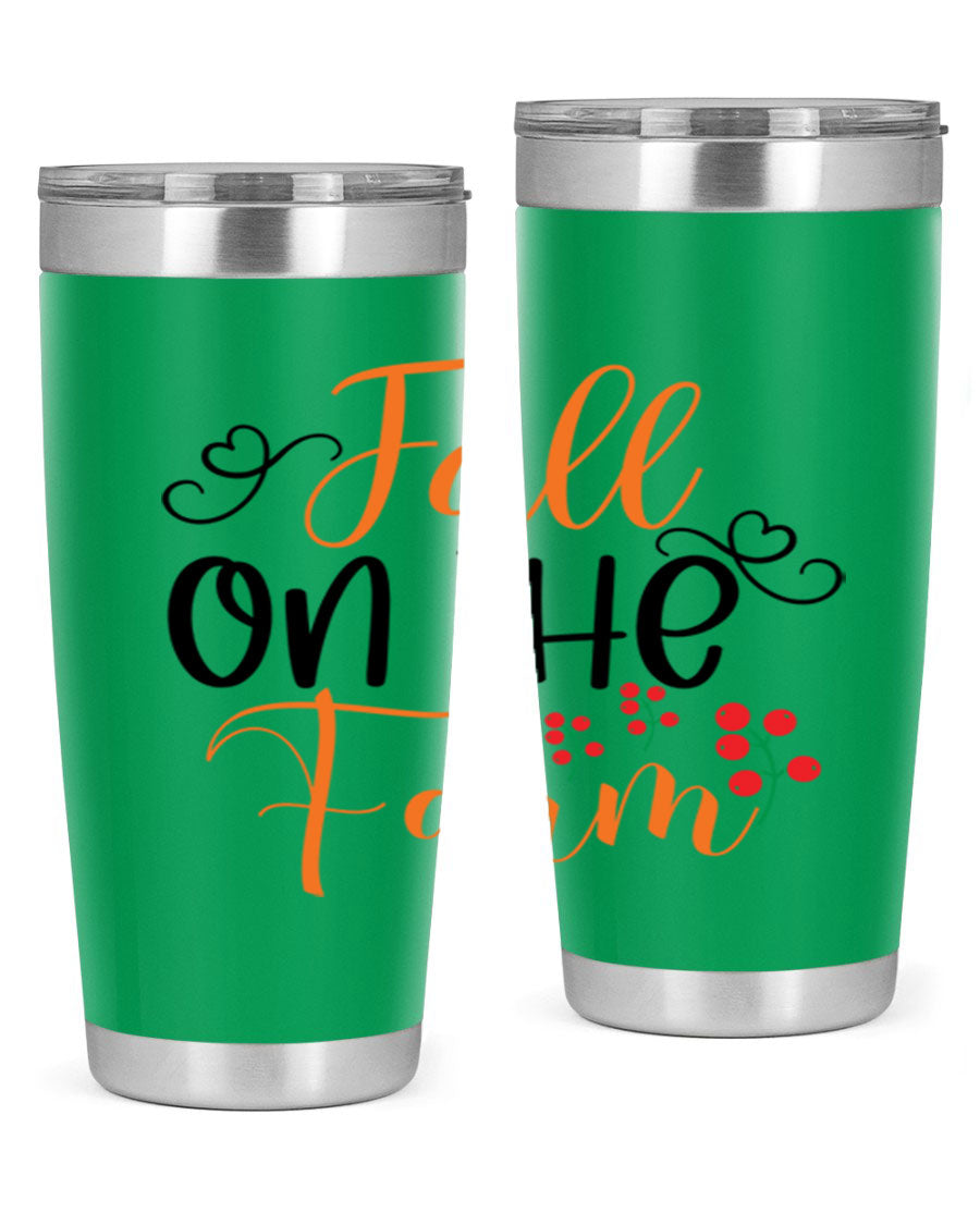 Fall On The Farm 125# Tumbler showcasing a vibrant fall-themed design, made of stainless steel with a drink-thru lid.