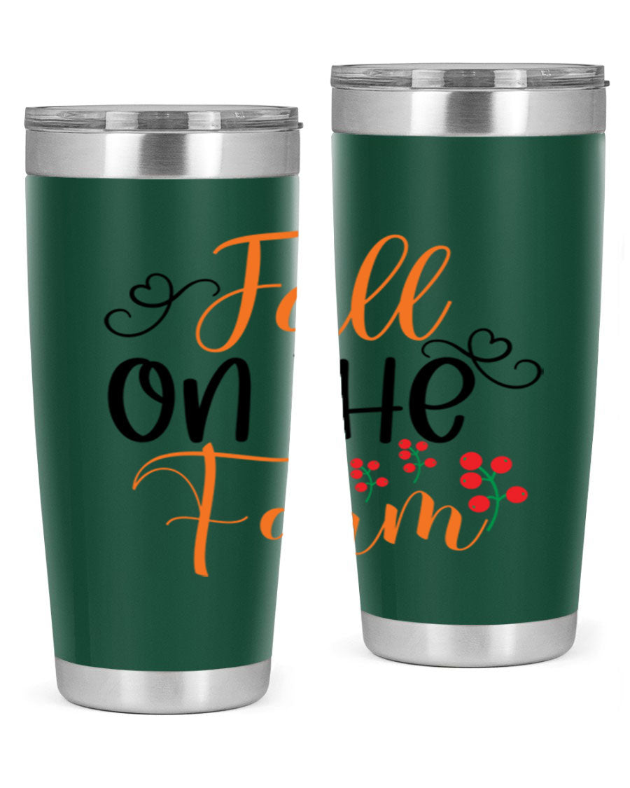 Fall On The Farm 125# Tumbler showcasing a vibrant fall-themed design, made of stainless steel with a drink-thru lid.