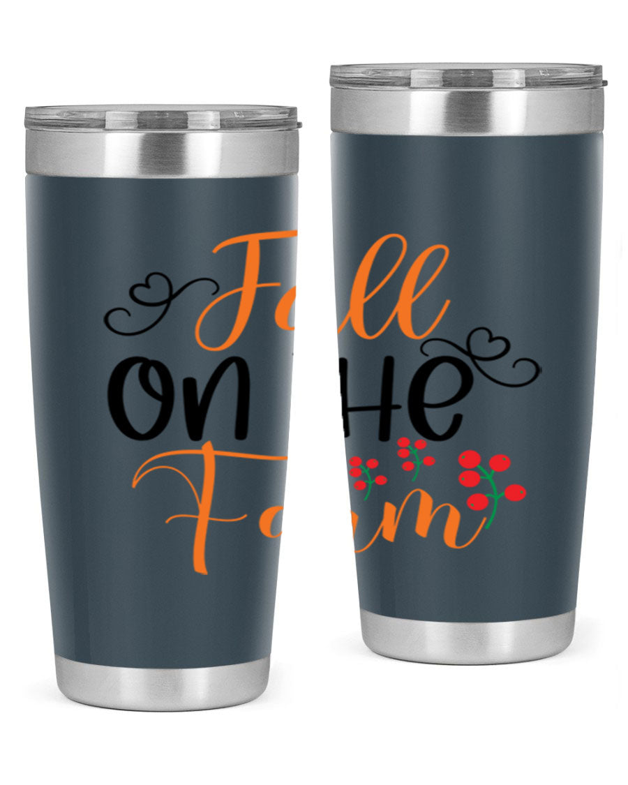 Fall On The Farm 125# Tumbler showcasing a vibrant fall-themed design, made of stainless steel with a drink-thru lid.
