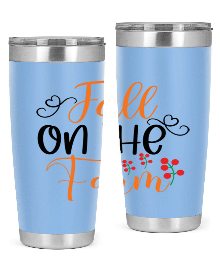 Fall On The Farm 125# Tumbler showcasing a vibrant fall-themed design, made of stainless steel with a drink-thru lid.