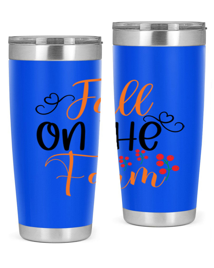Fall On The Farm 125# Tumbler showcasing a vibrant fall-themed design, made of stainless steel with a drink-thru lid.