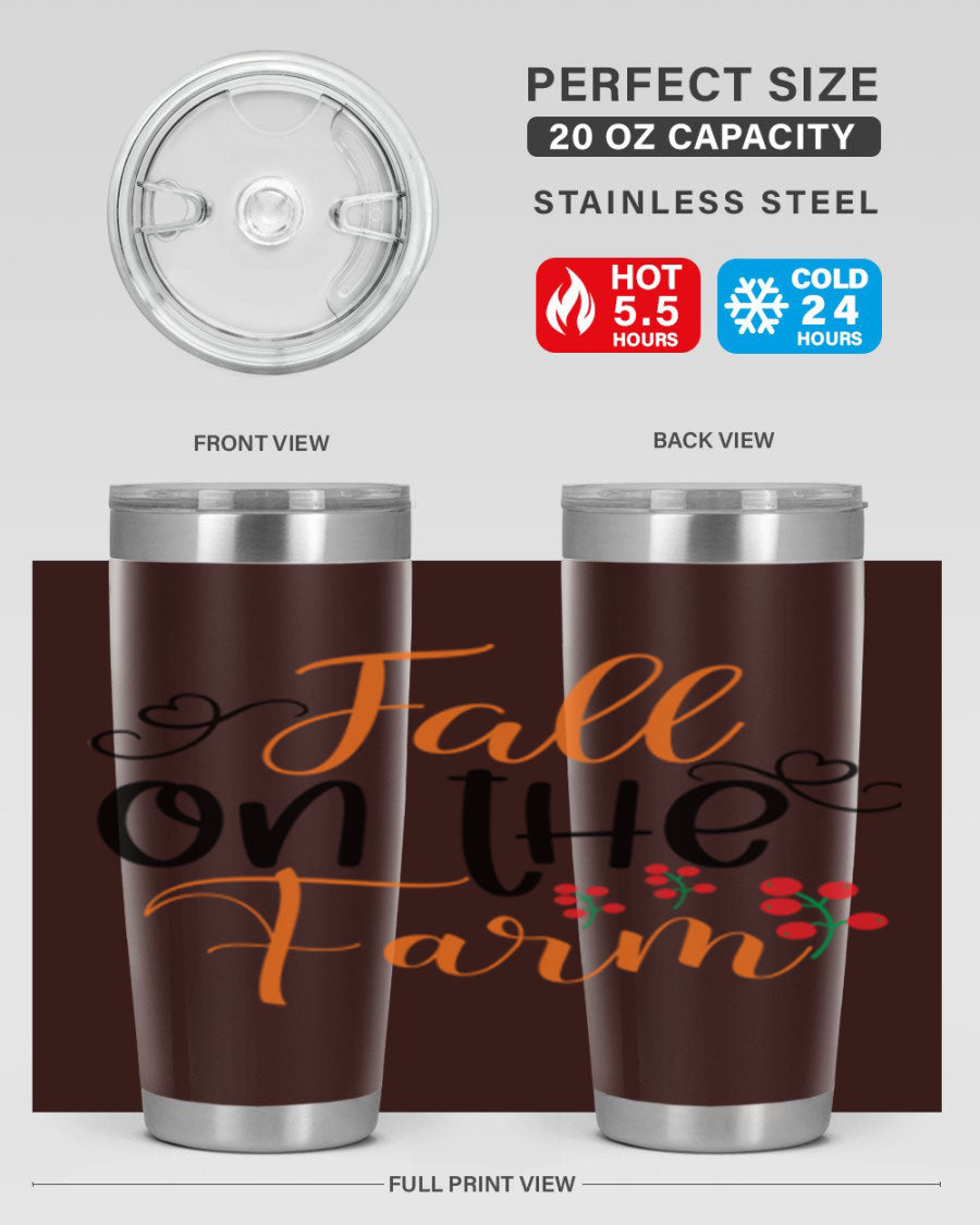 Fall On The Farm 125# Tumbler showcasing a vibrant fall-themed design, made of stainless steel with a drink-thru lid.