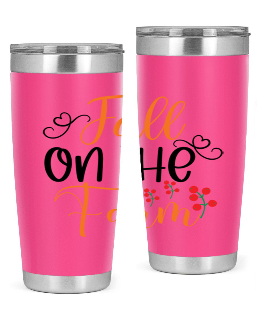 Fall On The Farm 125# Tumbler showcasing a vibrant fall-themed design, made of stainless steel with a drink-thru lid.
