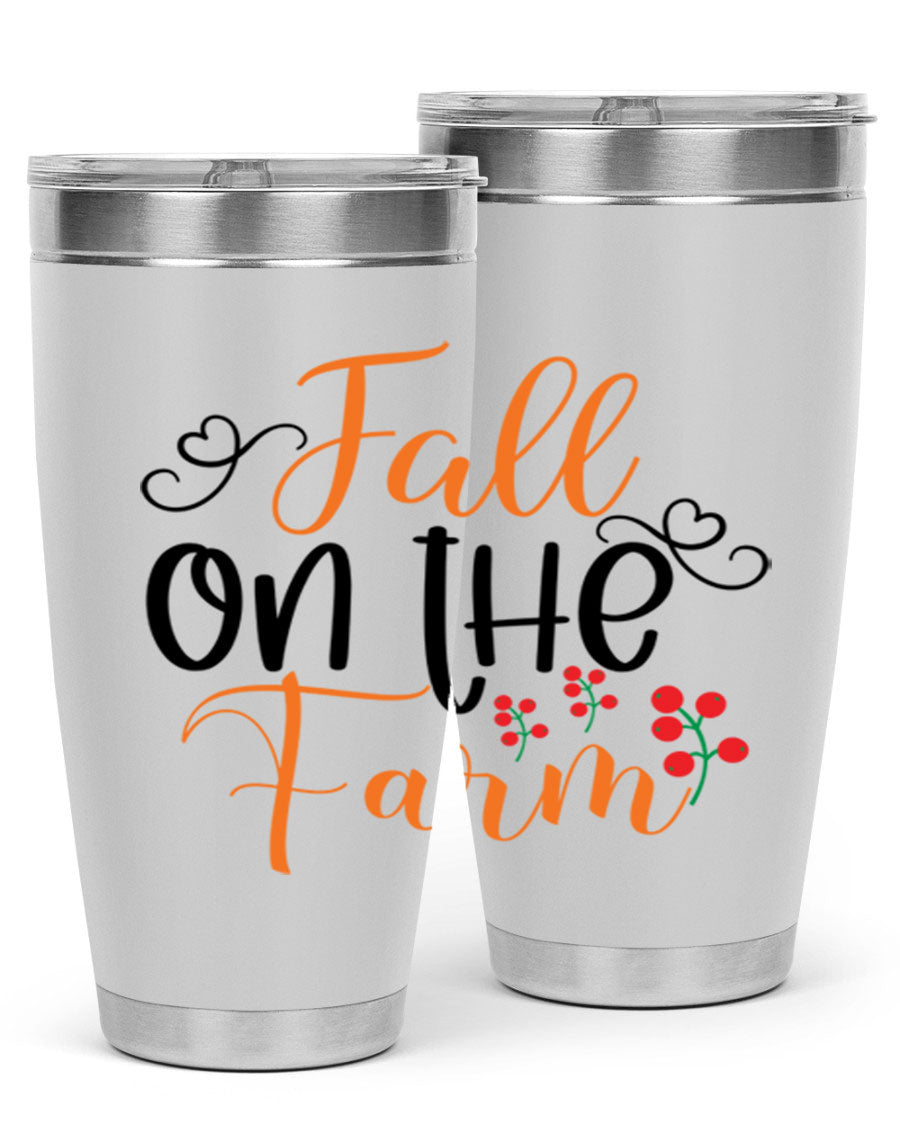 Fall On The Farm 125# Tumbler showcasing a vibrant fall-themed design, made of stainless steel with a drink-thru lid.