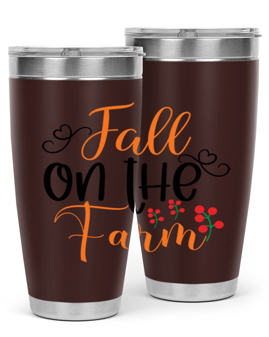 Fall On The Farm 125# Tumbler showcasing a vibrant fall-themed design, made of stainless steel with a drink-thru lid.