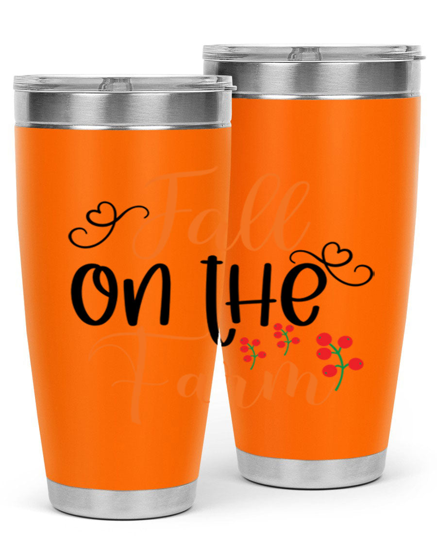Fall On The Farm 125# Tumbler showcasing a vibrant fall-themed design, made of stainless steel with a drink-thru lid.