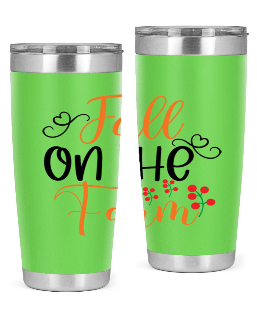 Fall On The Farm 125# Tumbler showcasing a vibrant fall-themed design, made of stainless steel with a drink-thru lid.