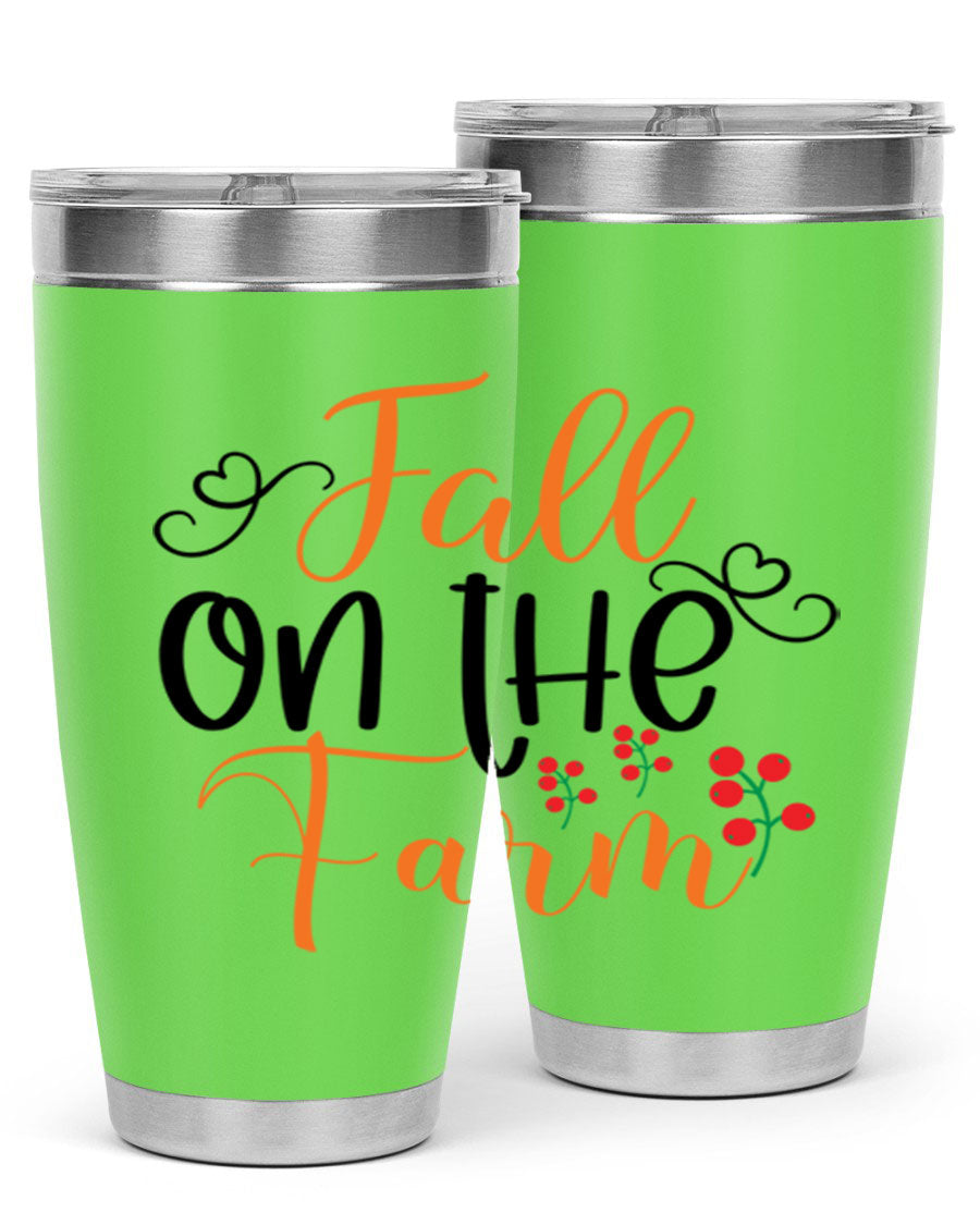 Fall On The Farm 125# Tumbler showcasing a vibrant fall-themed design, made of stainless steel with a drink-thru lid.