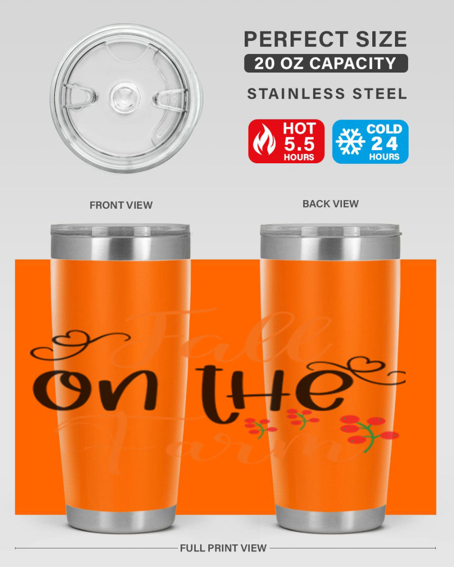 Fall On The Farm 125# Tumbler showcasing a vibrant fall-themed design, made of stainless steel with a drink-thru lid.