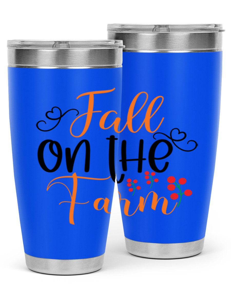 Fall On The Farm 125# Tumbler showcasing a vibrant fall-themed design, made of stainless steel with a drink-thru lid.