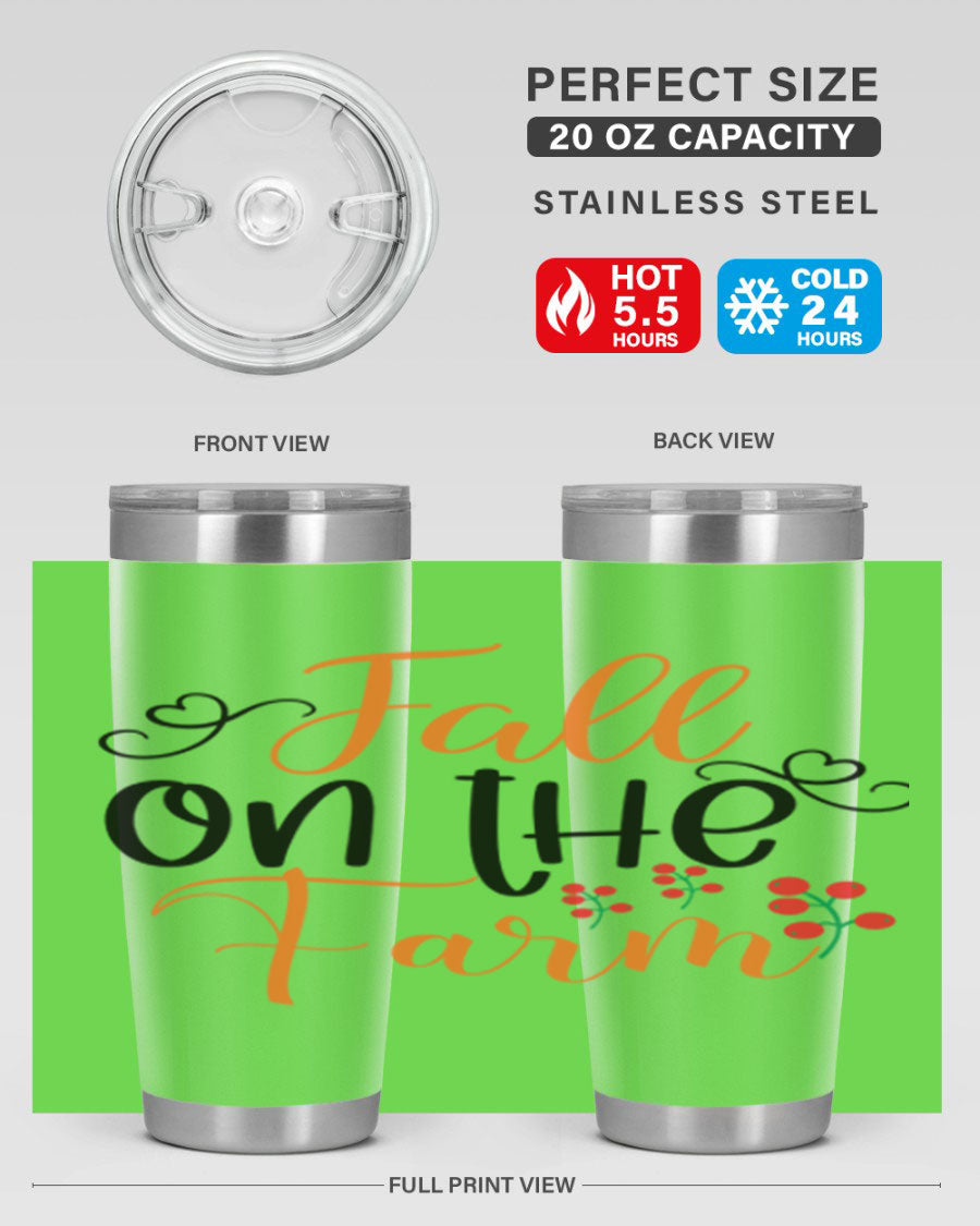 Fall On The Farm 125# Tumbler showcasing a vibrant fall-themed design, made of stainless steel with a drink-thru lid.