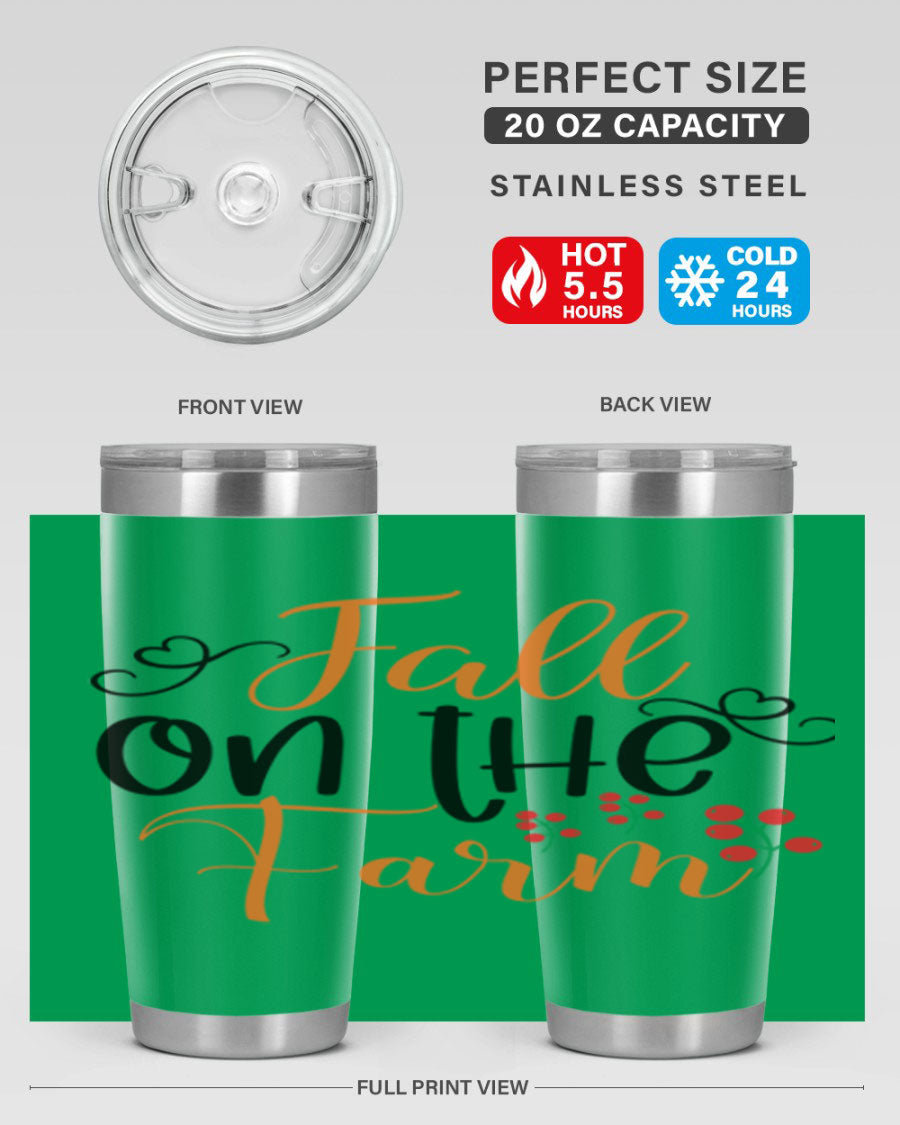 Fall On The Farm 125# Tumbler showcasing a vibrant fall-themed design, made of stainless steel with a drink-thru lid.