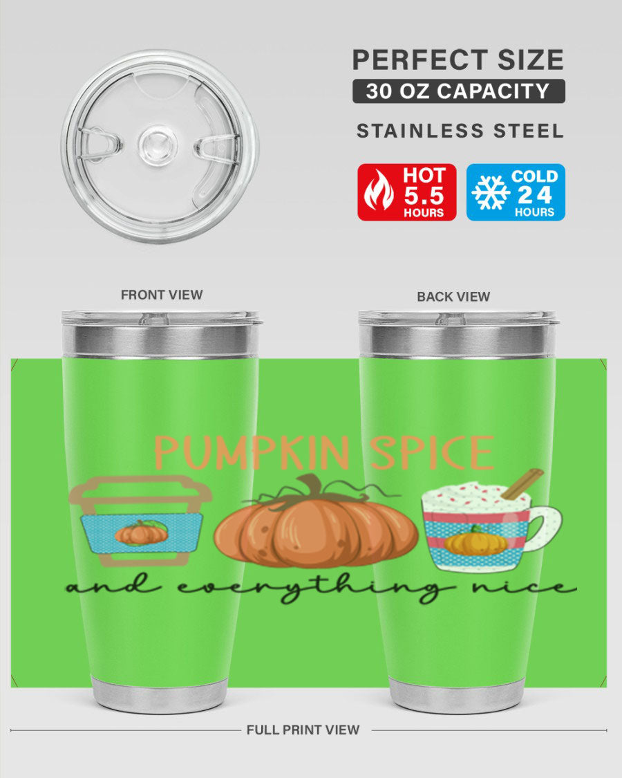 Fall Pumpkin Spice 20oz Tumbler featuring double wall vacuum stainless steel design with copper lining and a drink-thru lid.