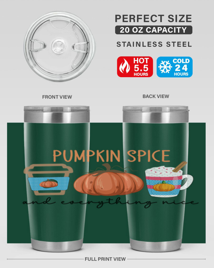 Fall Pumpkin Spice 20oz Tumbler featuring double wall vacuum stainless steel design with copper lining and a drink-thru lid.
