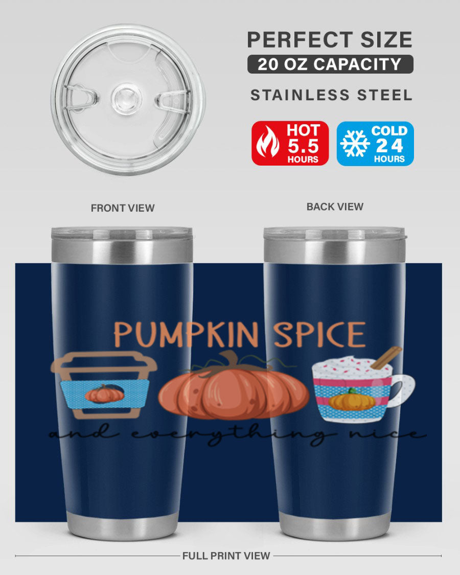 Fall Pumpkin Spice 20oz Tumbler featuring double wall vacuum stainless steel design with copper lining and a drink-thru lid.