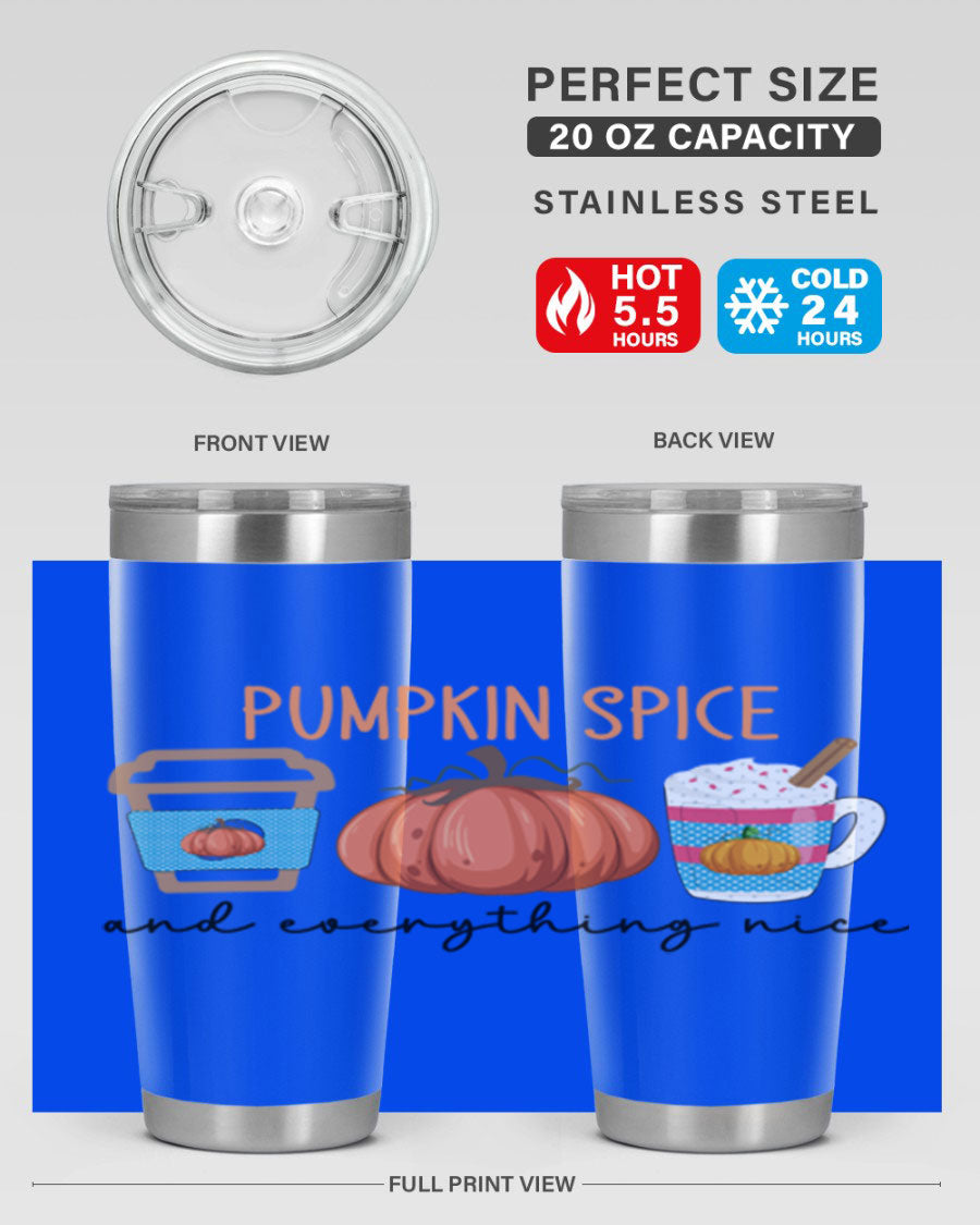 Fall Pumpkin Spice 20oz Tumbler featuring double wall vacuum stainless steel design with copper lining and a drink-thru lid.