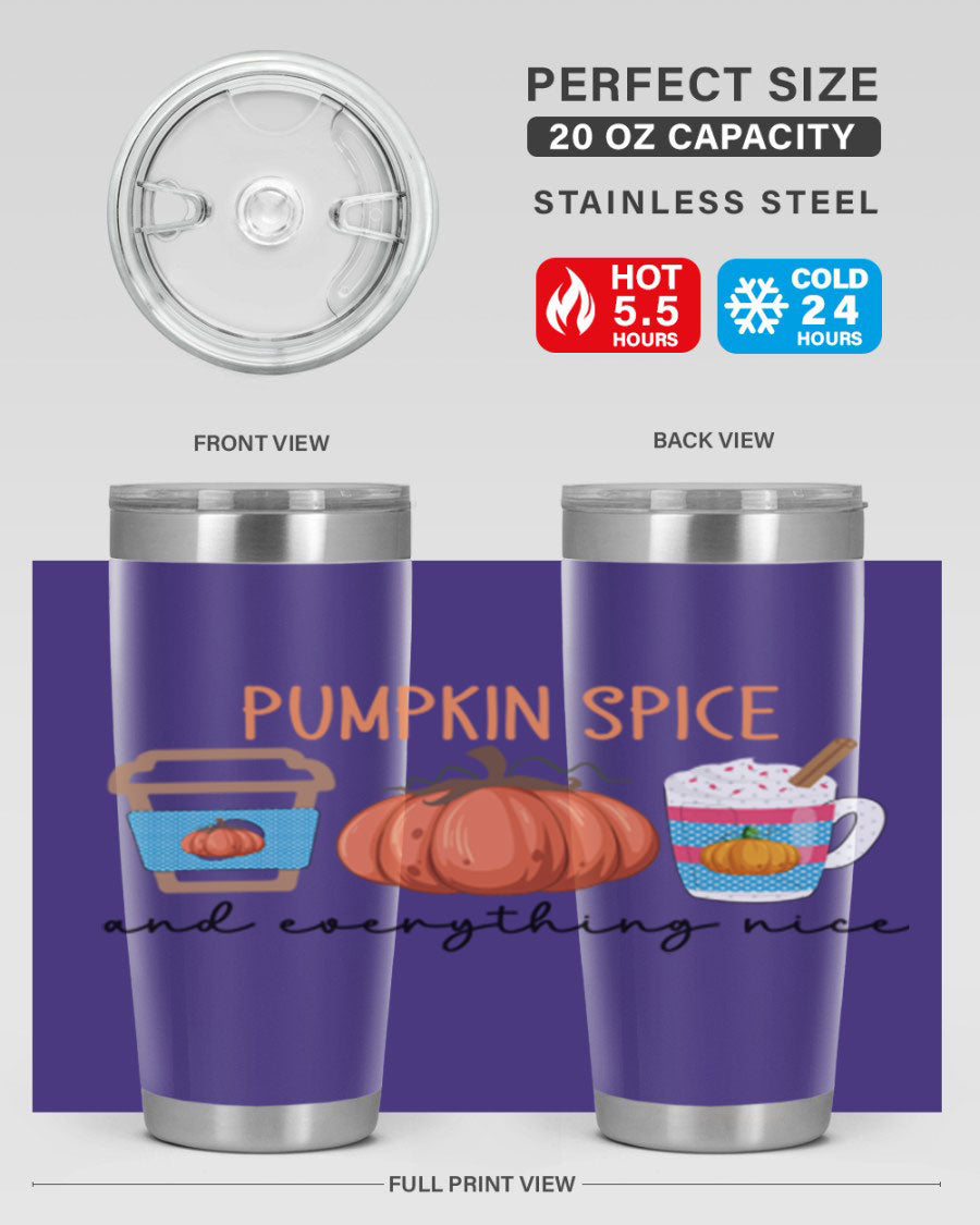 Fall Pumpkin Spice 20oz Tumbler featuring double wall vacuum stainless steel design with copper lining and a drink-thru lid.