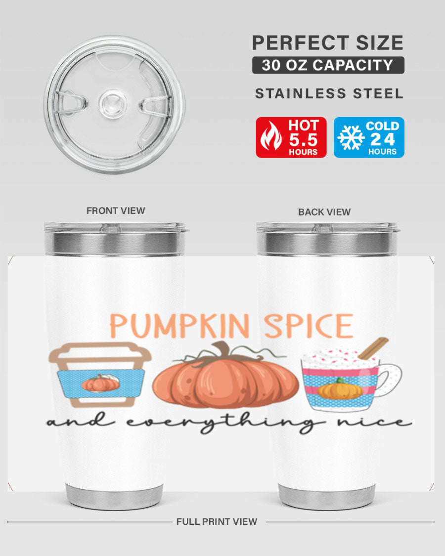 Fall Pumpkin Spice 20oz Tumbler featuring double wall vacuum stainless steel design with copper lining and a drink-thru lid.