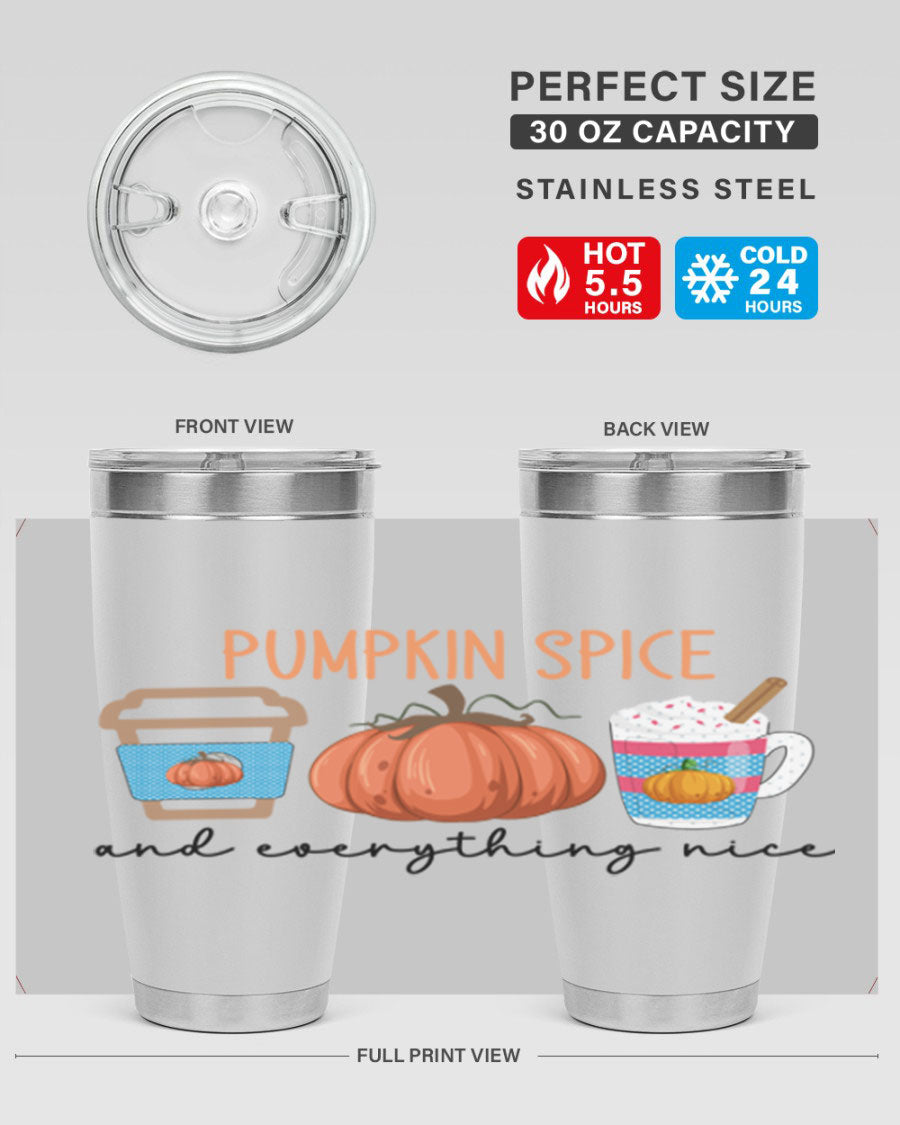 Fall Pumpkin Spice 20oz Tumbler featuring double wall vacuum stainless steel design with copper lining and a drink-thru lid.