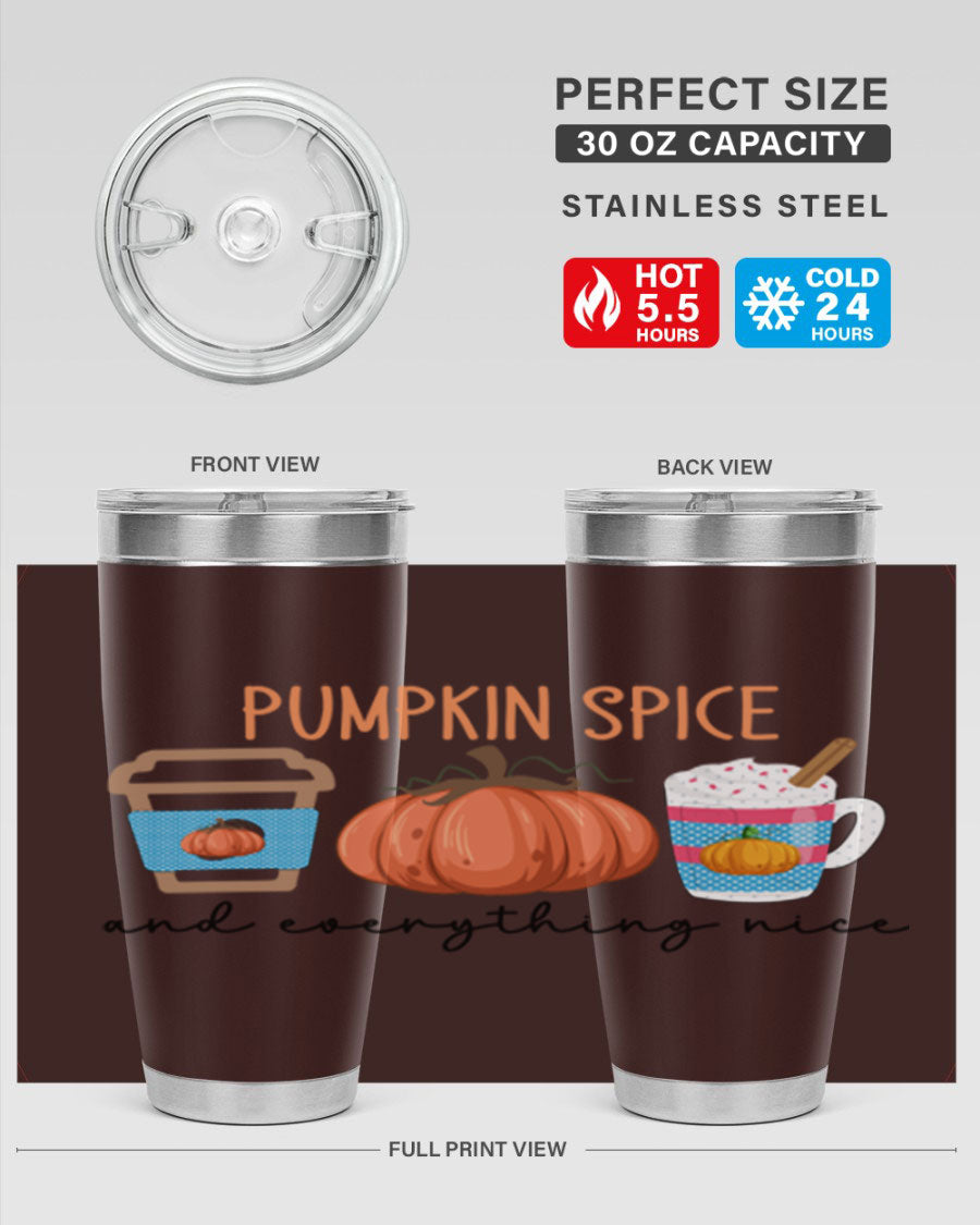 Fall Pumpkin Spice 20oz Tumbler featuring double wall vacuum stainless steel design with copper lining and a drink-thru lid.