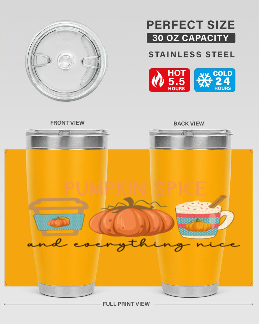 Fall Pumpkin Spice 20oz Tumbler featuring double wall vacuum stainless steel design with copper lining and a drink-thru lid.