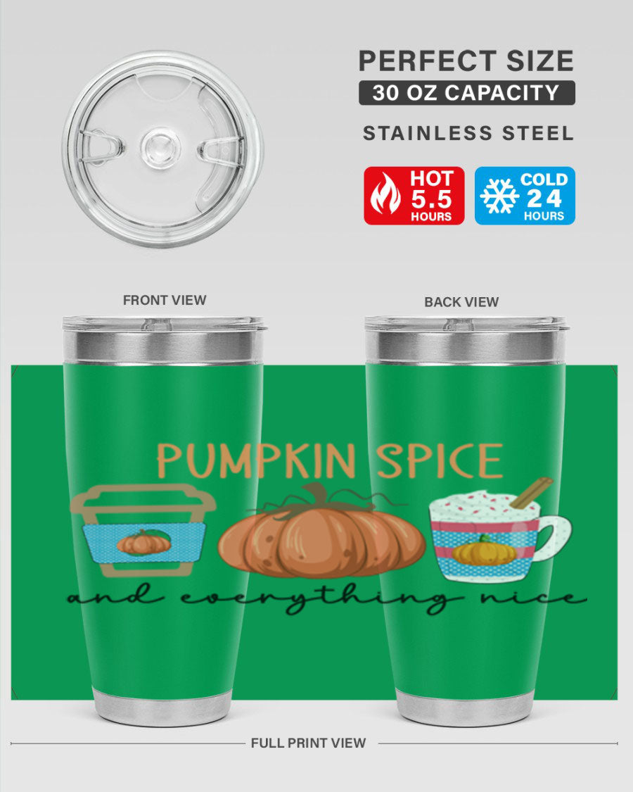 Fall Pumpkin Spice 20oz Tumbler featuring double wall vacuum stainless steel design with copper lining and a drink-thru lid.