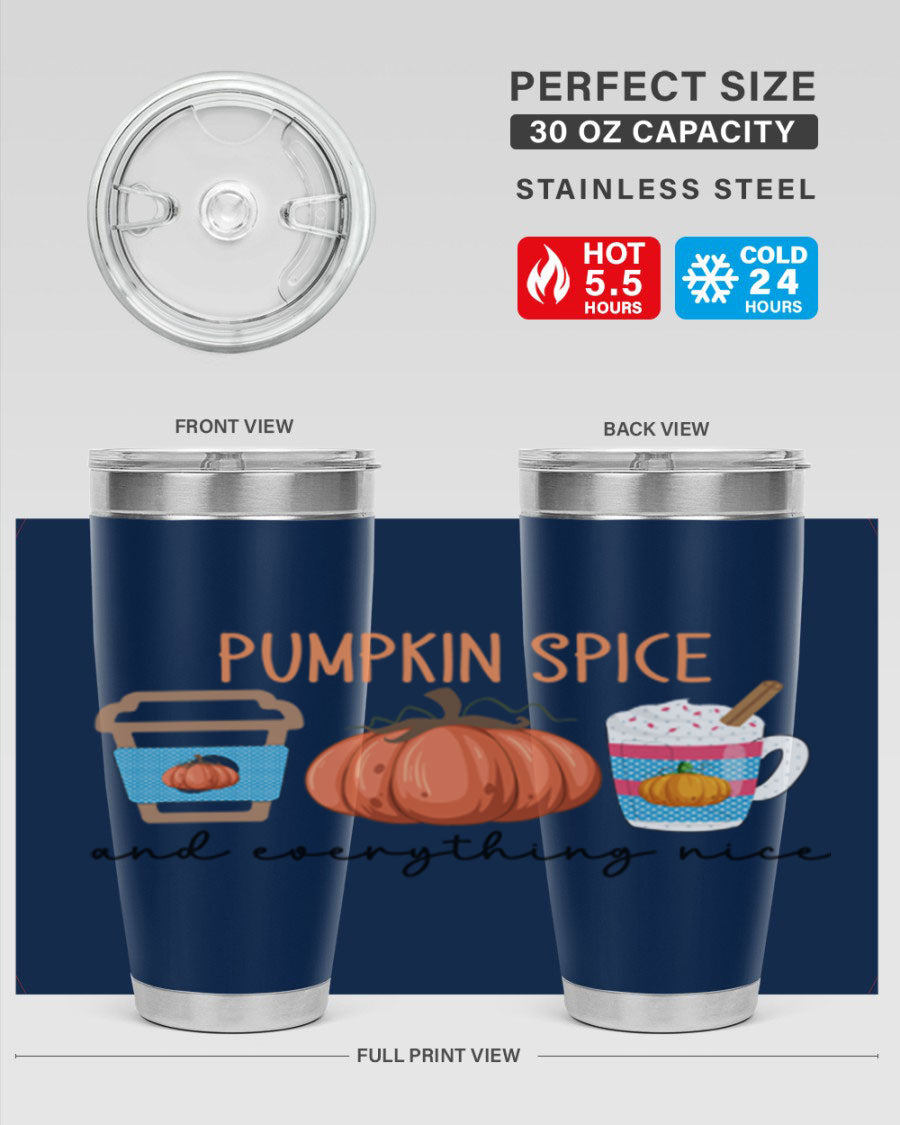 Fall Pumpkin Spice 20oz Tumbler featuring double wall vacuum stainless steel design with copper lining and a drink-thru lid.